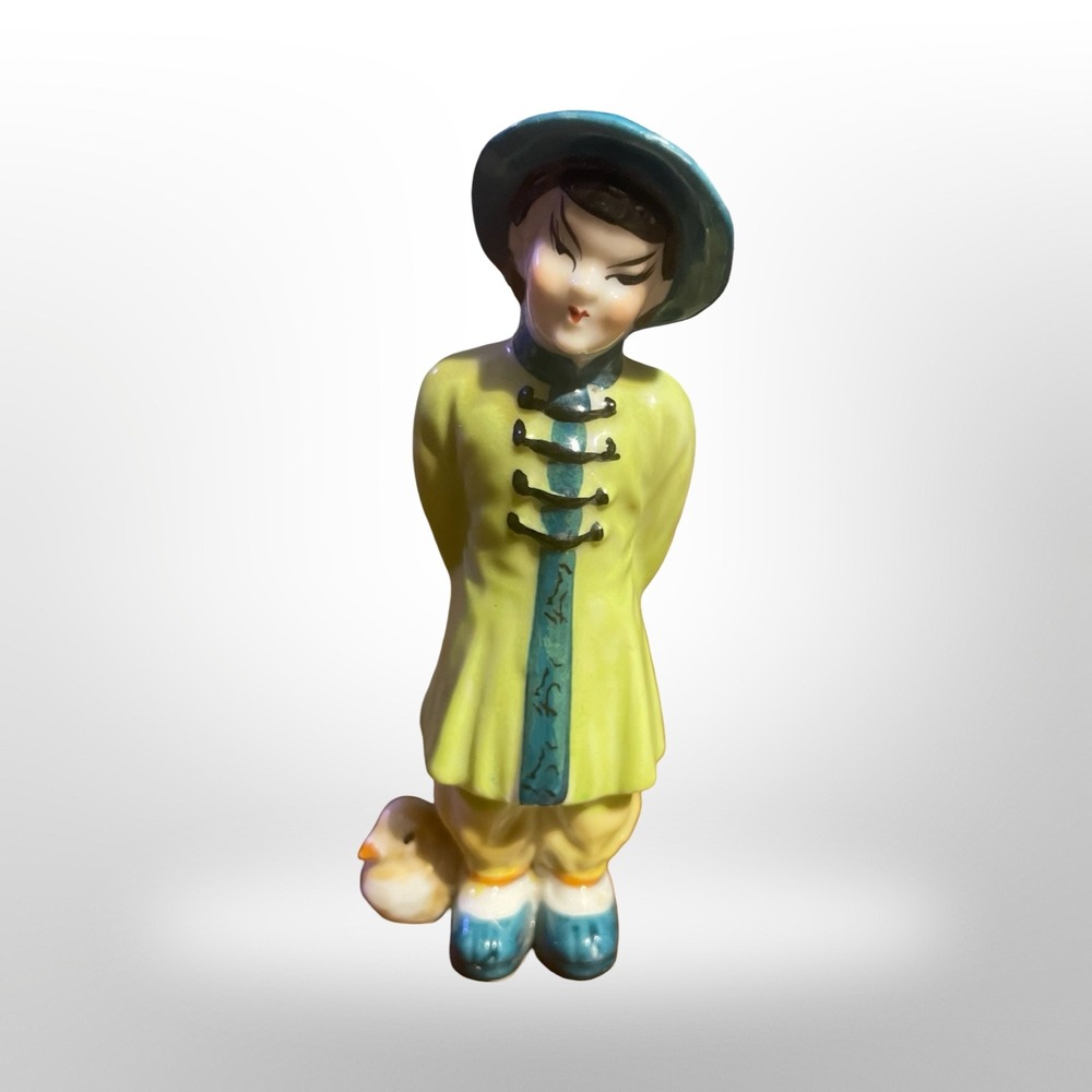 Antique Occupied Japan Ceramic Figurine Boy Duck Blue Hat Yellow Coat cute